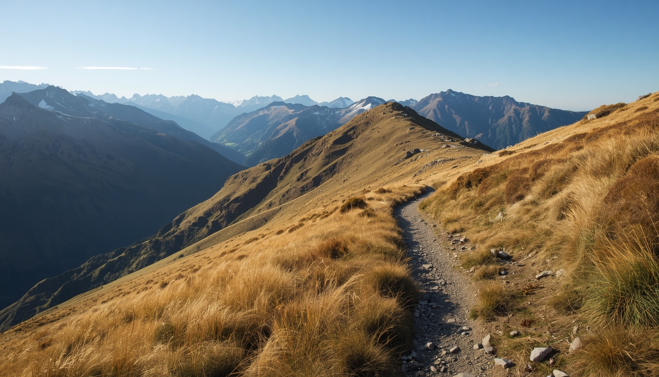 Elegancellaction highland hiking trail in New Zealand mountains